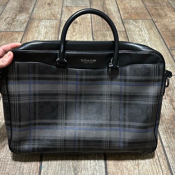 Coach Signature Canvas Plaid Print Beckett Slim Leather Briefcase - Picture 2 of 16